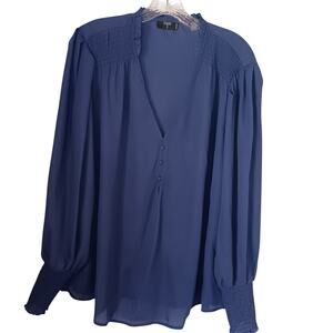 Tahari Top Blouse 1X Navy Sheer Long Sleeve V-Neck Gathered Sleeve Opening